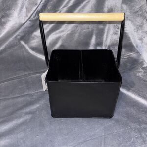 Always Home Two Compartment Utensil Holder Black Metal With Wooden Handle